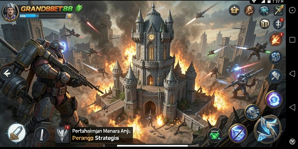 Screenshot gameplay GRANDBET88 menampilkan aksi Tower Defense yang mendebarkan.