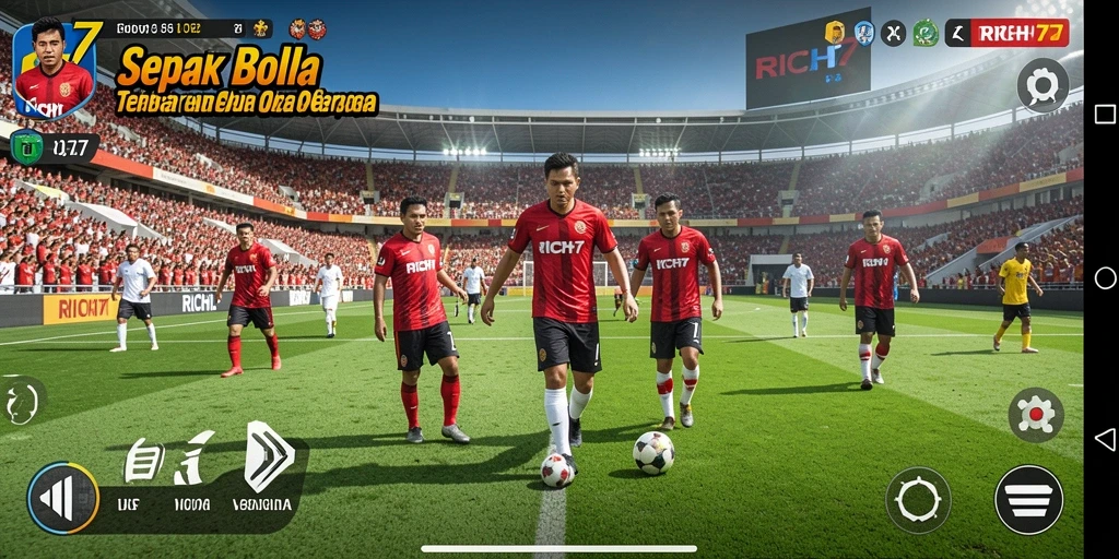 Tampilan gameplay RICH7 yang menampilkan aksi sepak bola seru.